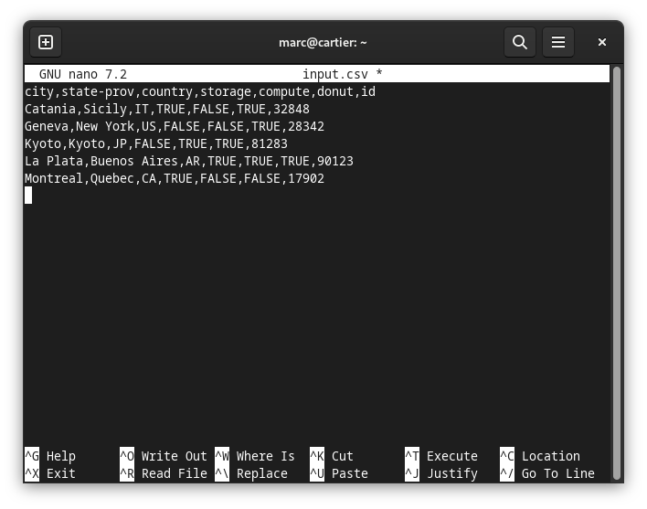 Screenshot of nano editor with csv